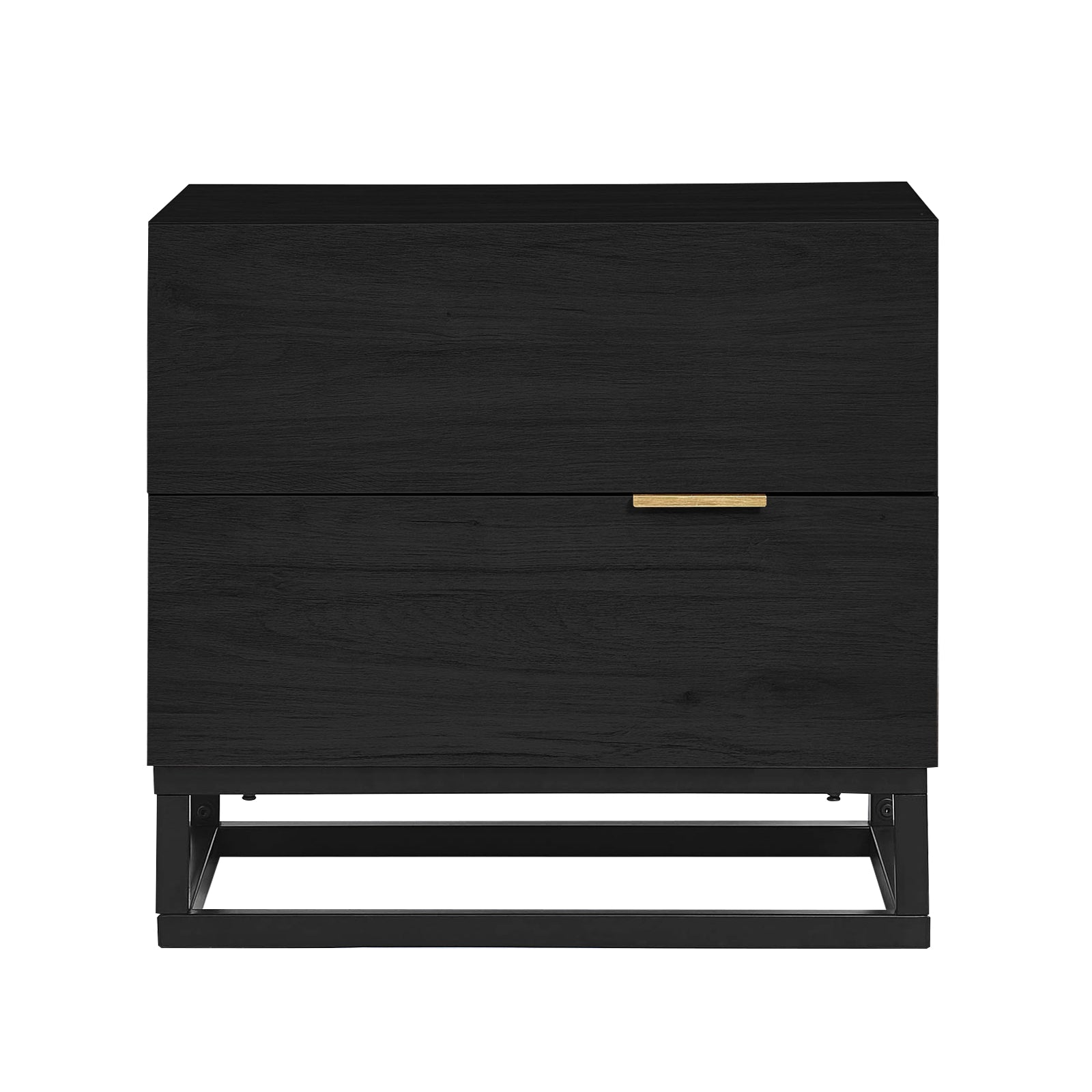 Manuel 2 Drawer Storage Bedside Table Black features a sleek design with two flush-front drawers, a slim brass-tone pull, and a minimalist black metal frame, combining modern aesthetics with functionality.
