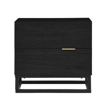 Manuel 2 Drawer Storage Bedside Table Black features a sleek design with two flush-front drawers, a slim brass-tone pull, and a minimalist black metal frame, combining modern aesthetics with functionality.