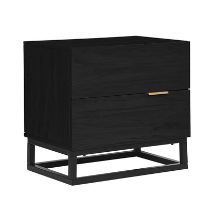 Manuel 2 Drawer Storage Bedside Table Black features a sleek, matte-black finish with two drawers, one with a gold-tone pull, atop a minimalist metal base, embodying modern design and functionality.