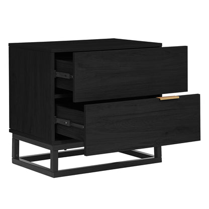 Manuel 2 Drawer Storage Bedside Table Black featuring a sleek black finish, two drawers with gold-tone handles, and a sturdy metal open-frame base, showcasing modern design and functionality.