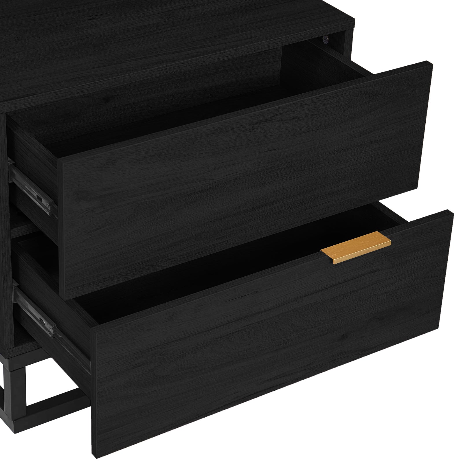 Manuel 2 Drawer Storage Bedside Table Black, featuring a black-stained wood finish, two drawers—one with a sleek gold-tone pull, and a geometric metal base, showcasing modern design and functionality.