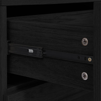 Close-up of Manuel 2 Drawer Storage Bedside Table Black, showing a side-mounted metal drawer slide attached to a dark-stained wooden case with black steel rail and large Phillips-head screws.