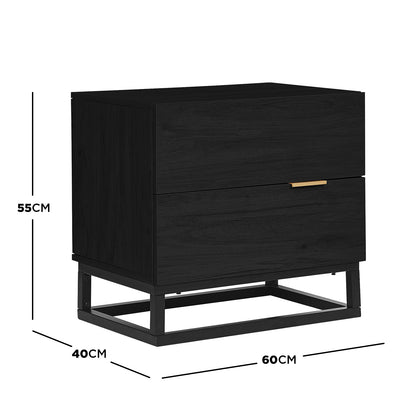 The Manuel 2 Drawer Storage Bedside Table Black showcases a modern design with two push-to-open drawers, brass-tone trim, and a black metal base, ideal for stylish bedroom storage.