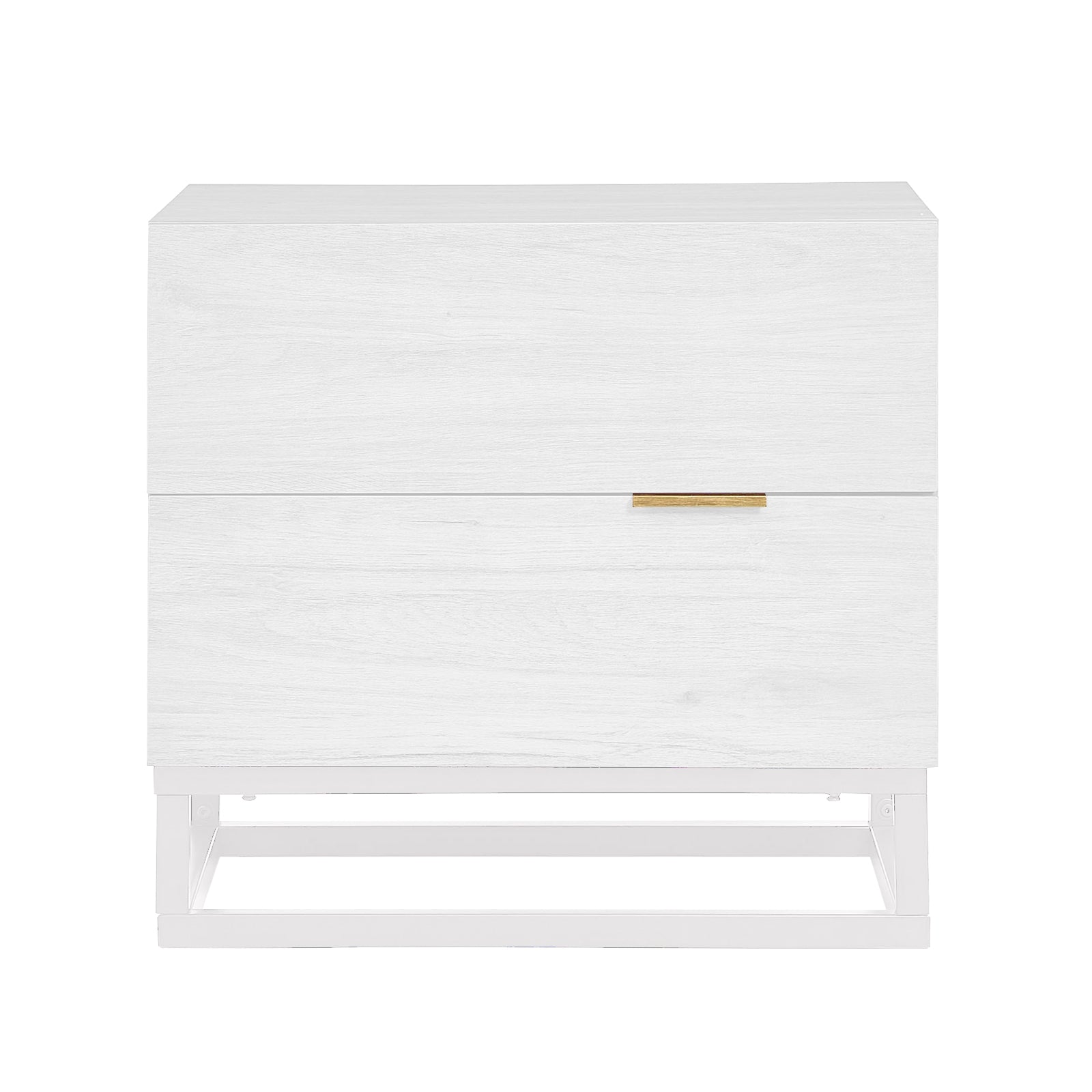 Manuel 2 Drawer Storage Bedside Table White features a sleek white wood-grain finish, minimalist design with two spacious drawers, and a subtle gold-tone pull, supported by an open metal base.
