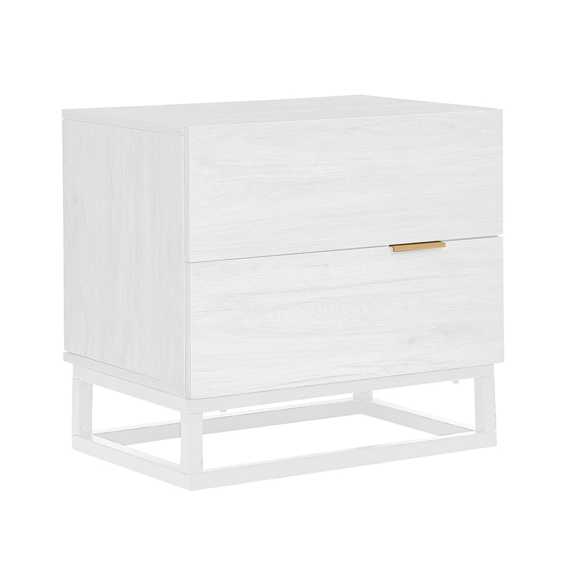 Manuel 2 Drawer Storage Bedside Table White featuring a pale wood grain finish, two drawers with brass-tone pulls, and a minimalist metal base, ideal for stylish bedroom storage.