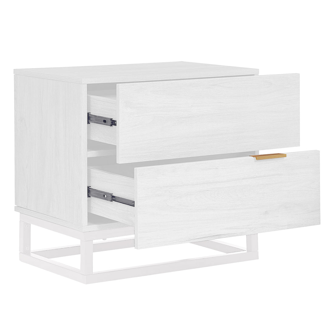 Manuel 2 Drawer Storage Bedside Table White with two wide drawers, one featuring a gold-tone handle, on a simple white metal frame, showcasing modern design and functional storage.