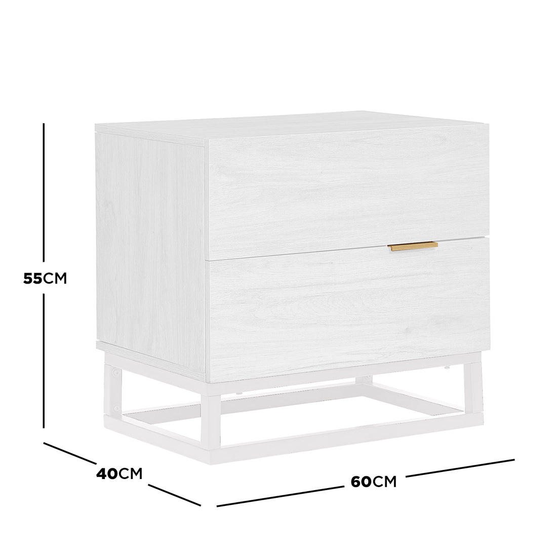 Manuel 2 Drawer Storage Bedside Table White, featuring a light wood finish, two drawers with brass handles, and a metal sled base. Dimensions are 60 cm wide, 40 cm deep, and 55 cm tall.