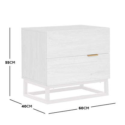 Manuel 2 Drawer Storage Bedside Table White, featuring a light wood finish, two drawers with brass handles, and a metal sled base. Dimensions are 60 cm wide, 40 cm deep, and 55 cm tall.