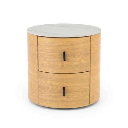 Round modern wooden nightstand with two drawers and marble top on white background
