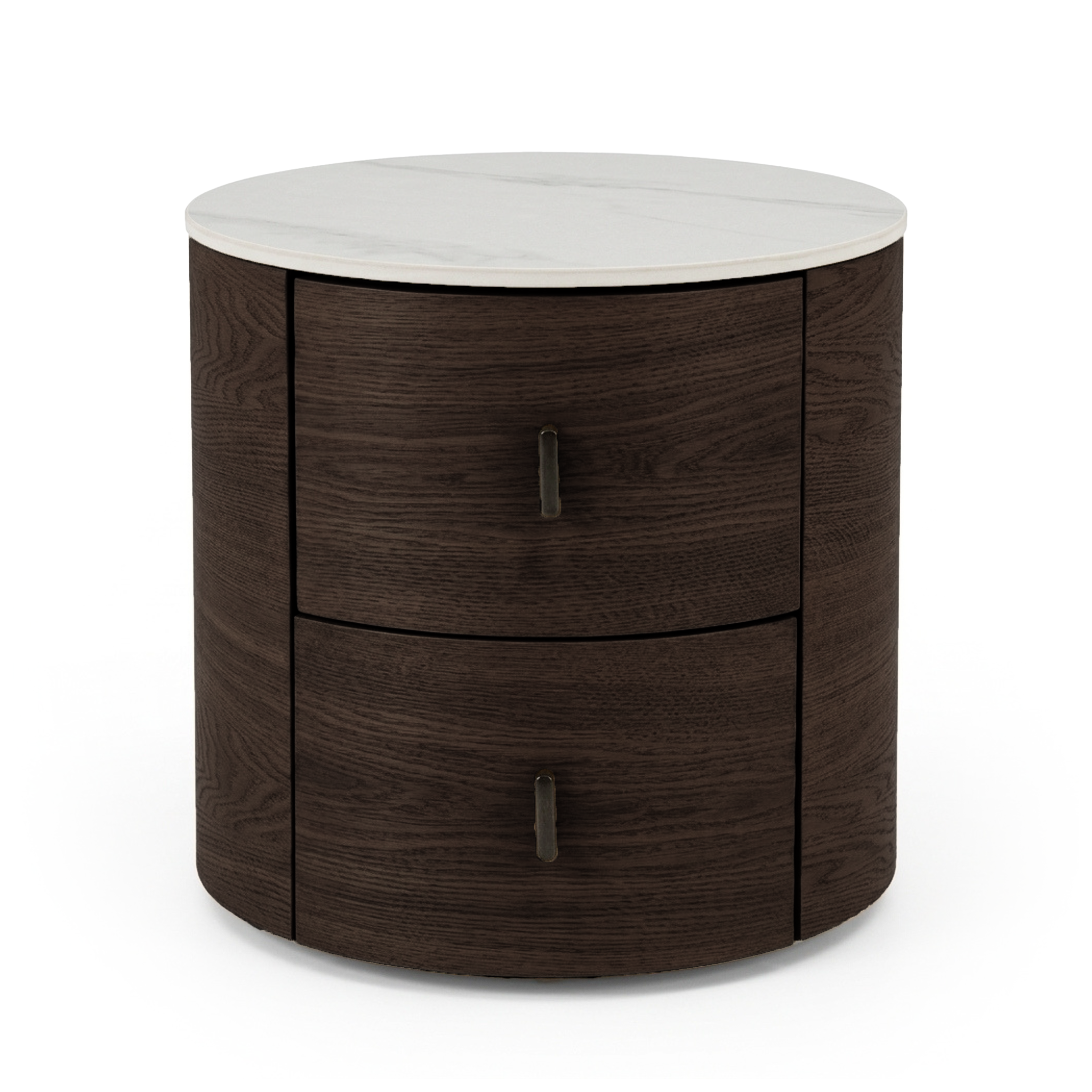 Round modern side table with dark wood base and white marble-like top on a white background.