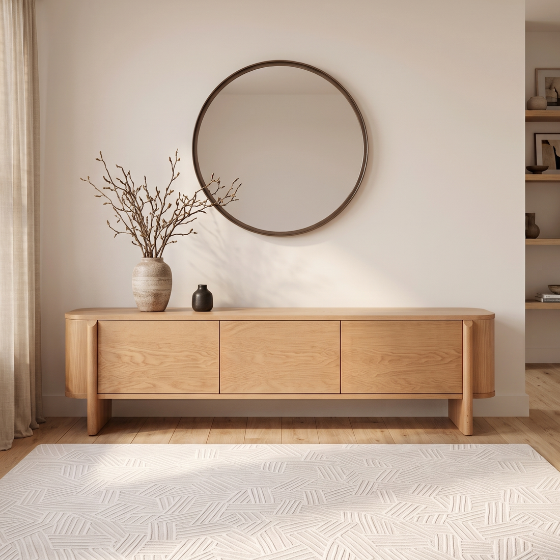 Light wood sideboard styled in a modern living room with mirror and decor