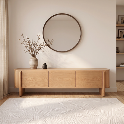 Light wood sideboard styled in a modern living room with mirror and decor