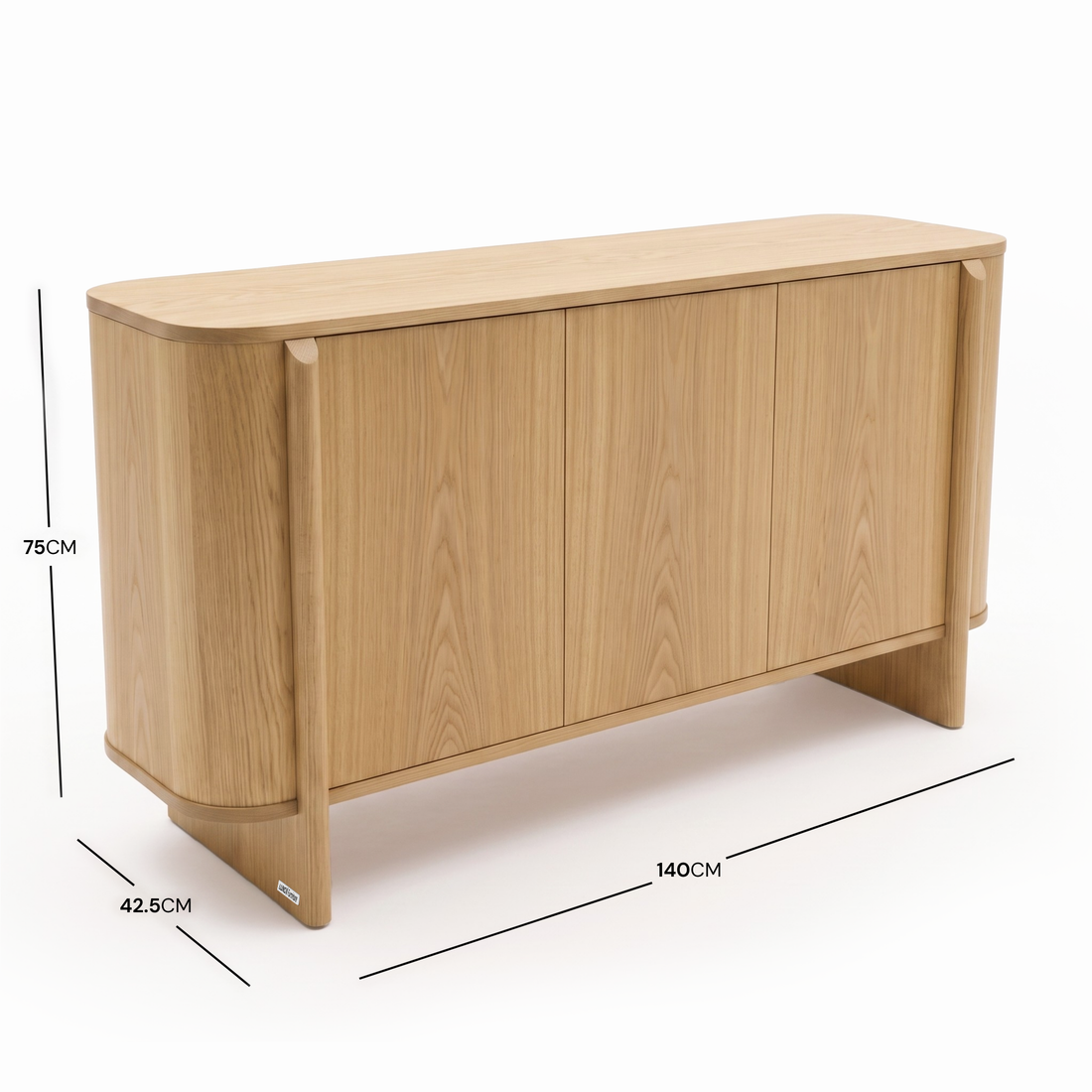 Light oak sideboard on a white background with dimensions shown