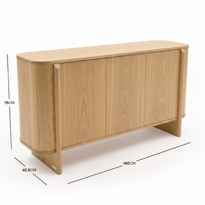 Light oak sideboard on a white background with dimensions shown