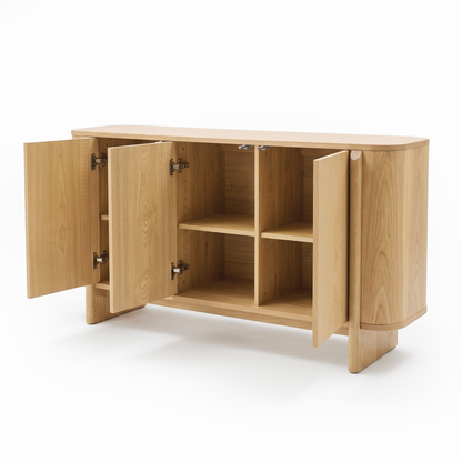 Light wood sideboard with open cabinet doors on a white background