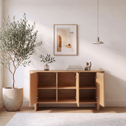 Wood sideboard with open doors in a styled room