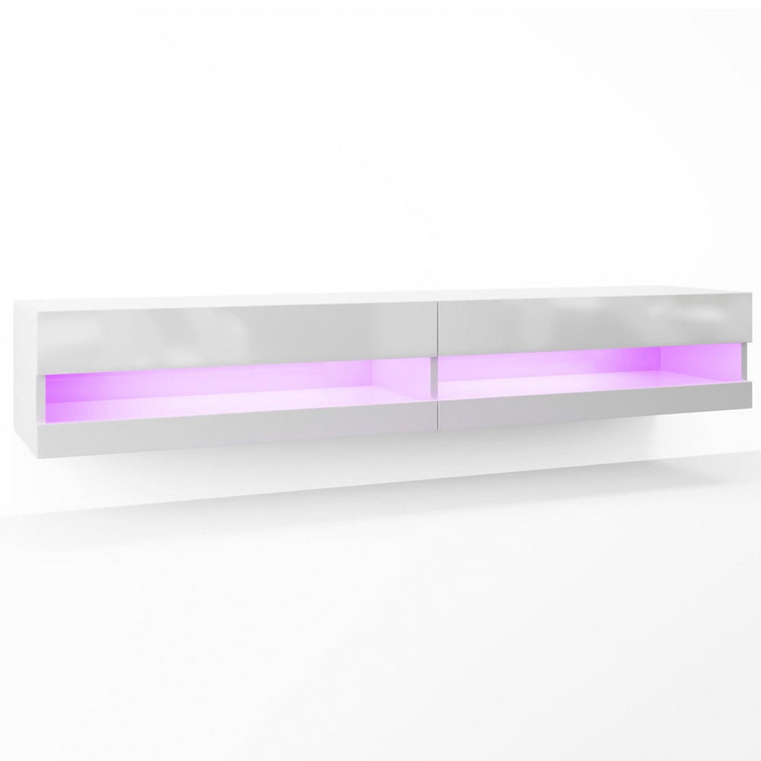 Marshall 180cm Floating LED TV Unit with Storage in White, featuring high-gloss finish, two closed drawers, and an open shelf with purple LED backlighting, perfect for modern home organization.