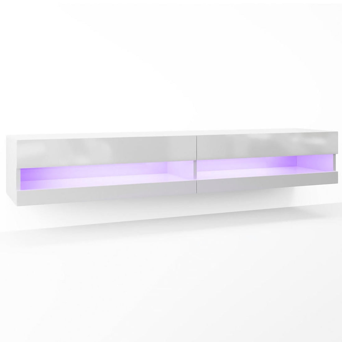 Marshall 180cm Floating LED TV Unit with Storage in White features sleek, wall-mounted design with two horizontal cabinets and an open shelf, highlighted by a soft purple LED strip for a modern look.