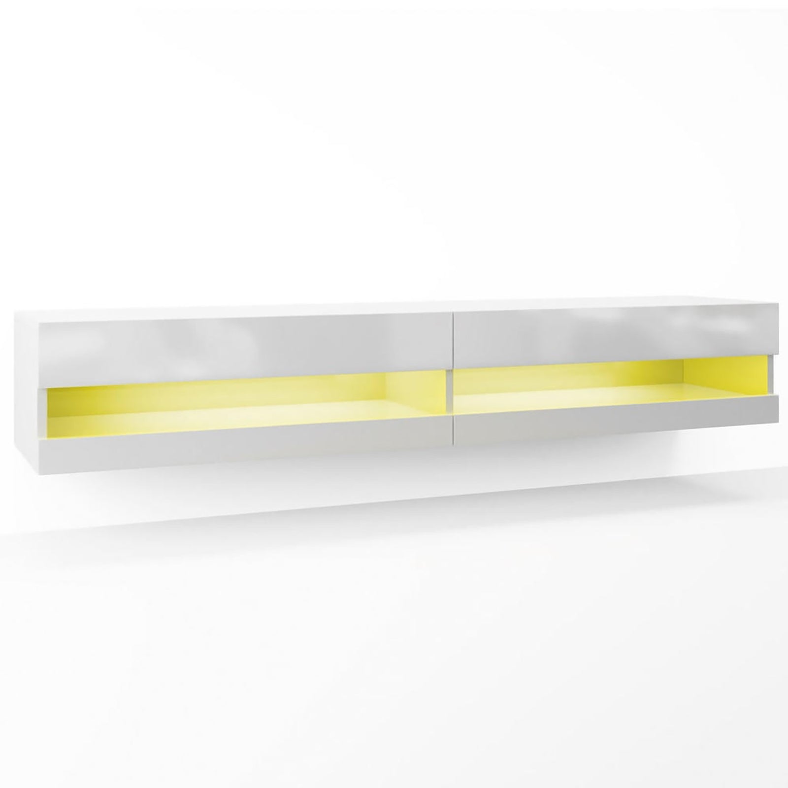 Marshall 180cm Floating LED TV Unit with Storage in White, featuring a minimalist design with dual open shelves, bright yellow interiors, and a sleek wall-mounted profile for modern home organization.