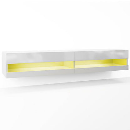 Marshall 180cm Floating LED TV Unit with Storage in White, featuring a minimalist design with dual open shelves, bright yellow interiors, and a sleek wall-mounted profile for modern home organization.
