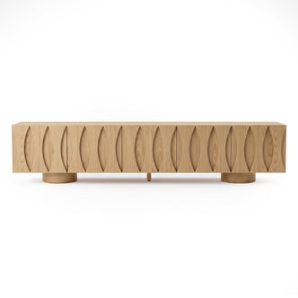 Matias 220cm Storage TV Unit in Oak styled in a room setting