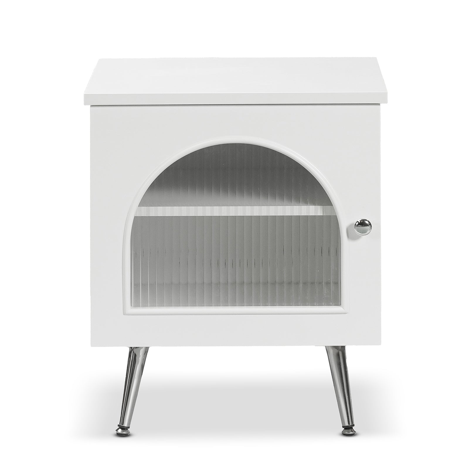 Matteau 46cm Bedside Table with Glass Door in White, featuring a white finish, arched ribbed-glass door, round knob, single shelf, and chrome legs, offering modern style and practical storage.