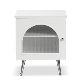 Matteau 46cm Bedside Table with Glass Door in White, featuring a white finish, arched ribbed-glass door, round knob, single shelf, and chrome legs, offering modern style and practical storage.