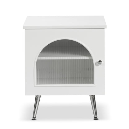 Matteau 46cm Bedside Table with Glass Door in White, featuring a white finish, arched ribbed-glass door, round knob, single shelf, and chrome legs, offering modern style and practical storage.