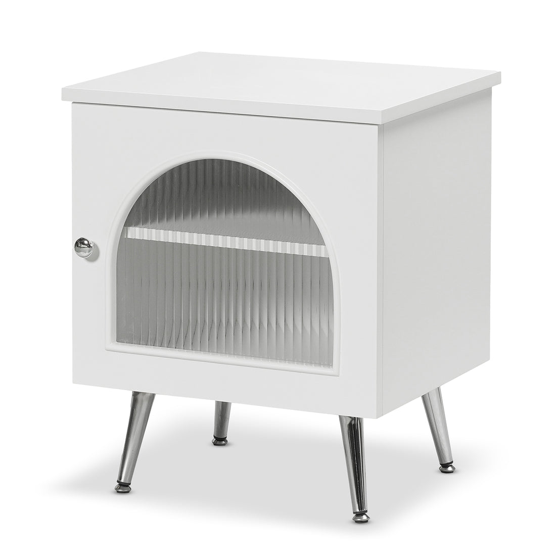 Matteau 46cm Bedside Table with Glass Door in White features a glossy finish, chrome legs, and an arched ribbed glass panel on the door, offering stylish, modern storage.
