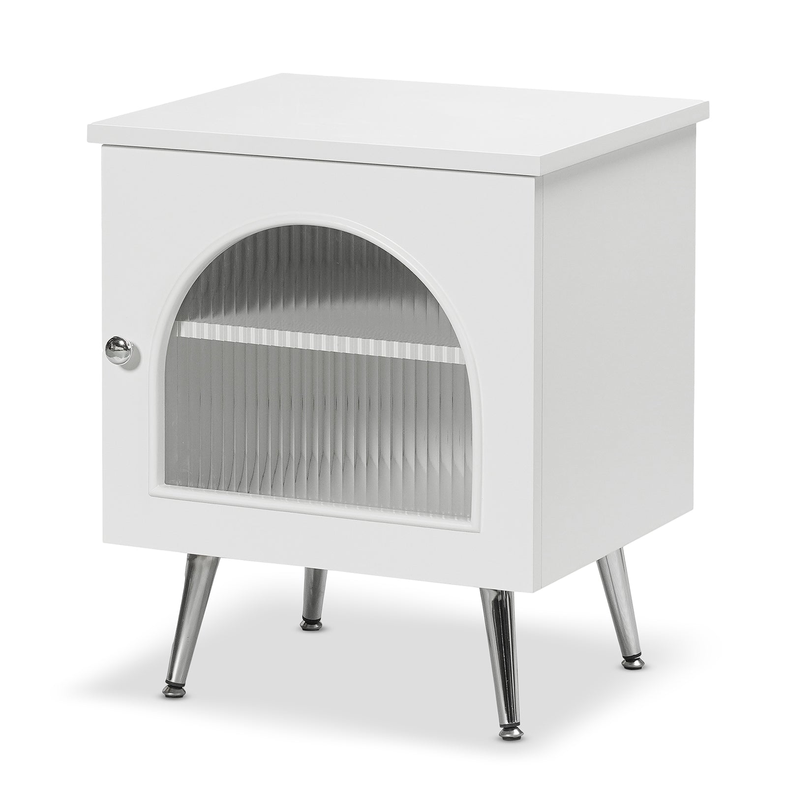 Matteau 46cm Bedside Table with Glass Door in White features a glossy finish, chrome legs, and an arched ribbed glass panel on the door, offering stylish, modern storage.