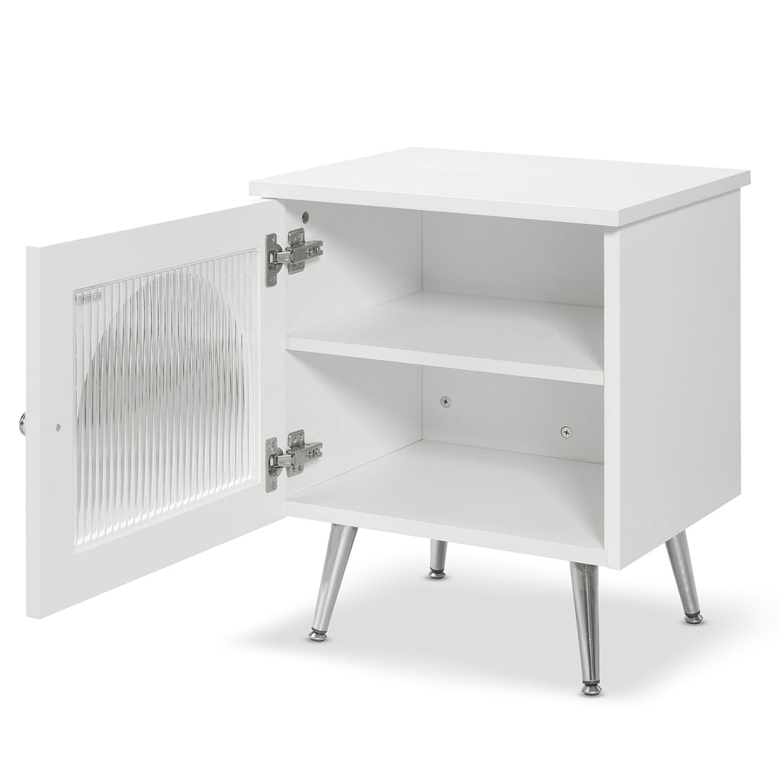 Matteau 46cm Bedside Table with Glass Door in White, featuring a modern design with a ribbed glass door revealing two shelves, standing on chrome-tone metal legs.