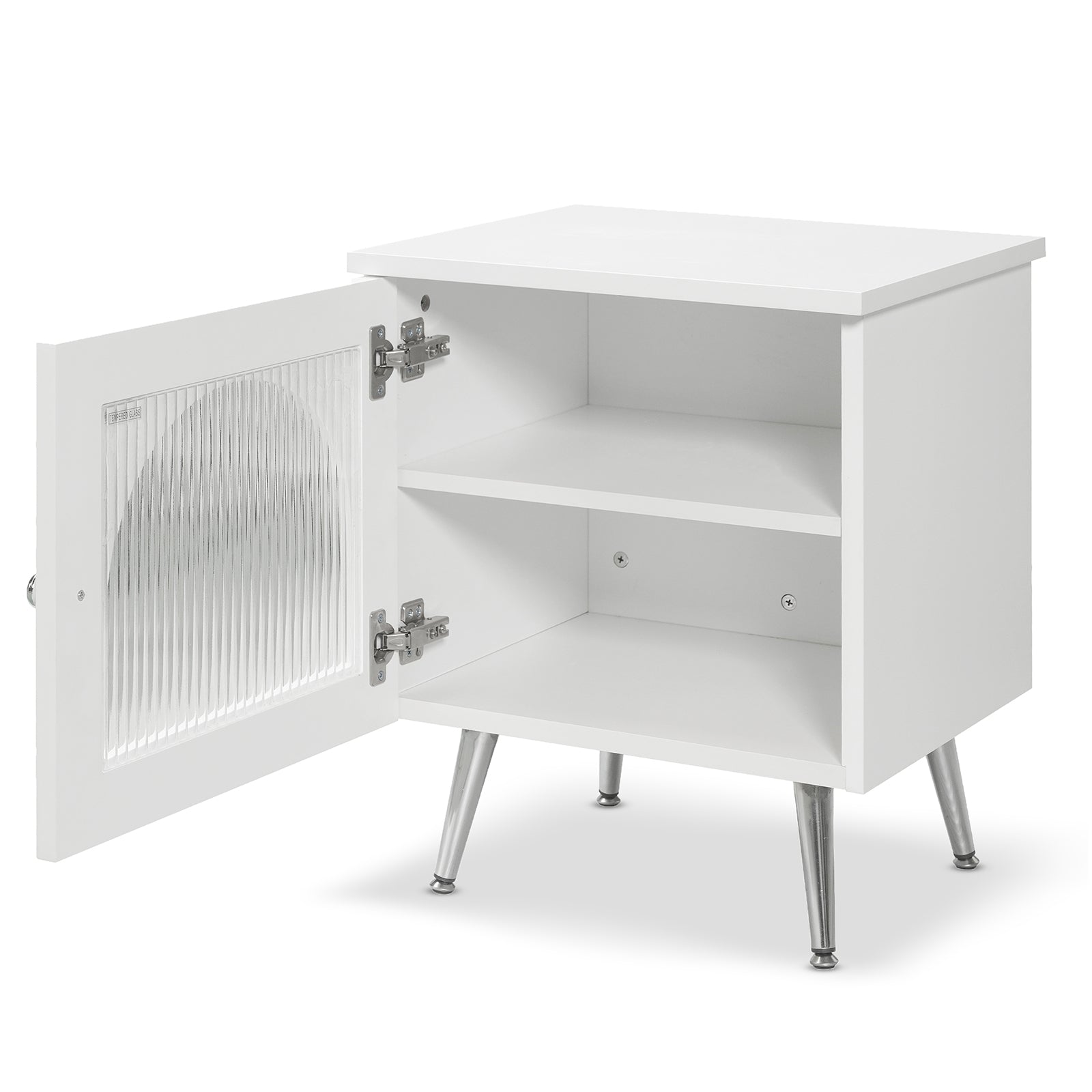 Matteau 46cm Bedside Table with Glass Door in White, featuring a modern design with a ribbed glass door revealing two shelves, standing on chrome-tone metal legs.