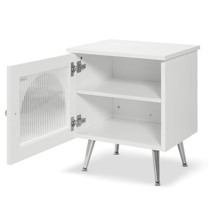 Matteau 46cm Bedside Table with Glass Door in White, featuring a modern design with a ribbed glass door revealing two shelves, standing on chrome-tone metal legs.