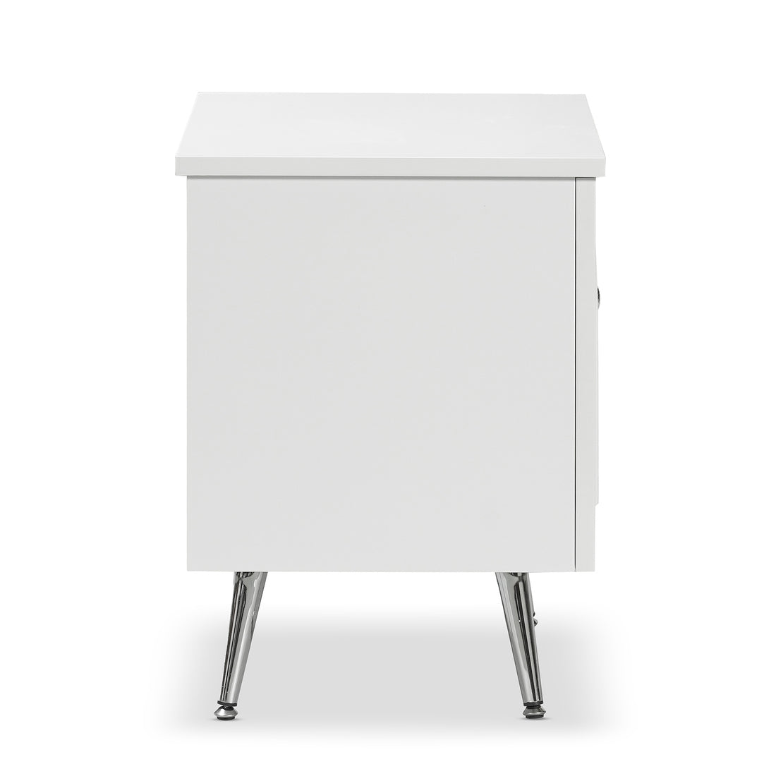 Matteau 46cm Bedside Table with Glass Door in White, featuring a sleek, boxy design with chrome-finished tapered legs and an elegant arched fluted glass door for stylish, modern bedroom storage.