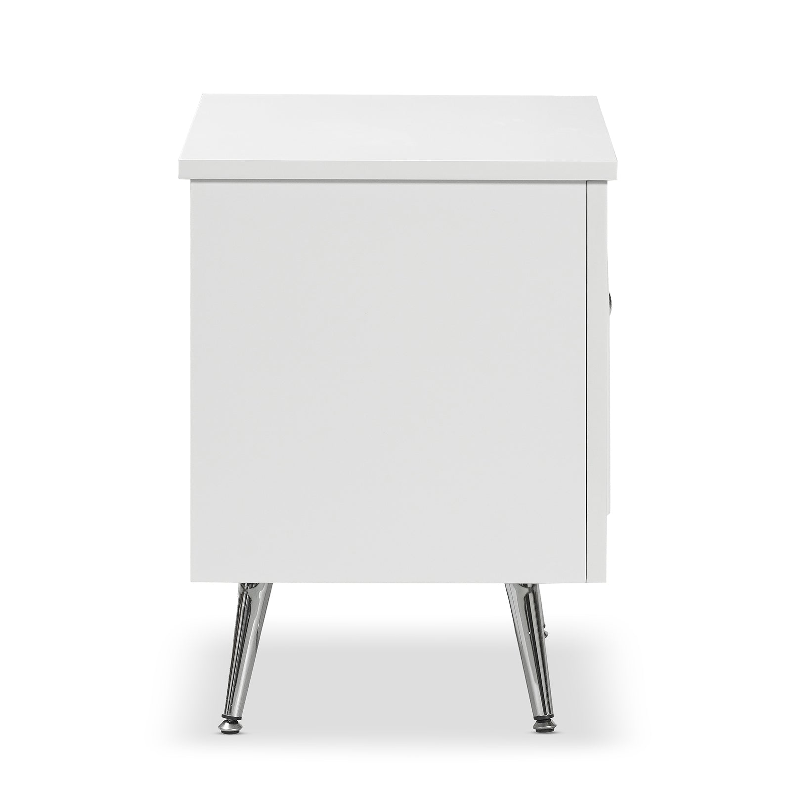 Matteau 46cm Bedside Table with Glass Door in White, featuring a sleek, boxy design with chrome-finished tapered legs and an elegant arched fluted glass door for stylish, modern bedroom storage.