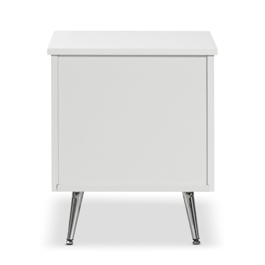 Matteau 46cm Bedside Table with Glass Door in White; features a sleek white finish, arched fluted glass door, and slender chrome-metal legs, perfect for modern bedrooms.