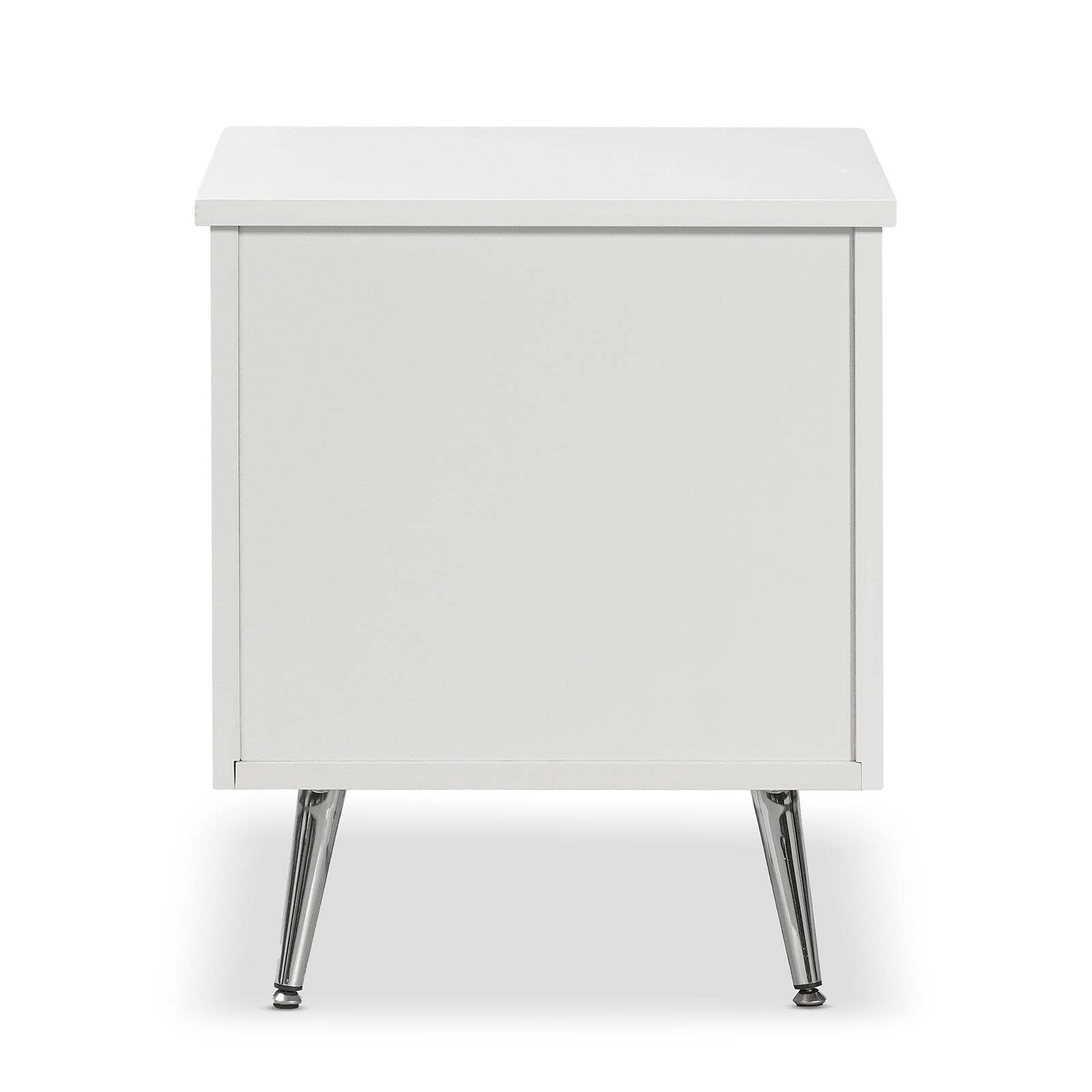 Matteau 46cm Bedside Table with Glass Door in White; features a sleek white finish, arched fluted glass door, and slender chrome-metal legs, perfect for modern bedrooms.