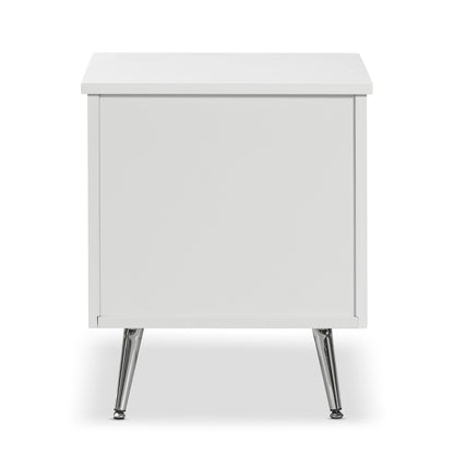 Matteau 46cm Bedside Table with Glass Door in White; features a sleek white finish, arched fluted glass door, and slender chrome-metal legs, perfect for modern bedrooms.