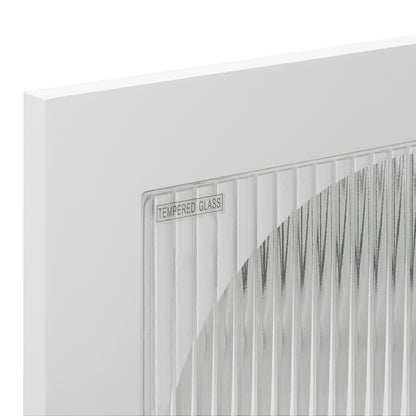 Close-up of the Matteau 46cm Bedside Table with Glass Door in White, showcasing its vertical-fluted tempered glass pane within a sleek white frame, labeled TEMPERED GLASS in the corner.