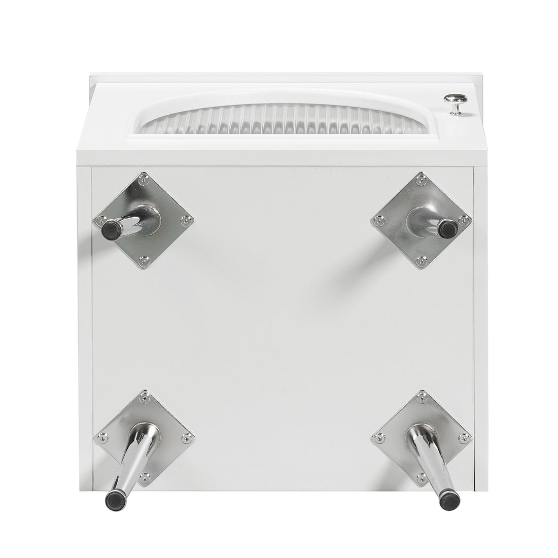 Matteau 46cm Bedside Table with Glass Door in White, shown upside-down; view highlights molded sink basin inset, chrome knob, and detachable metal legs.