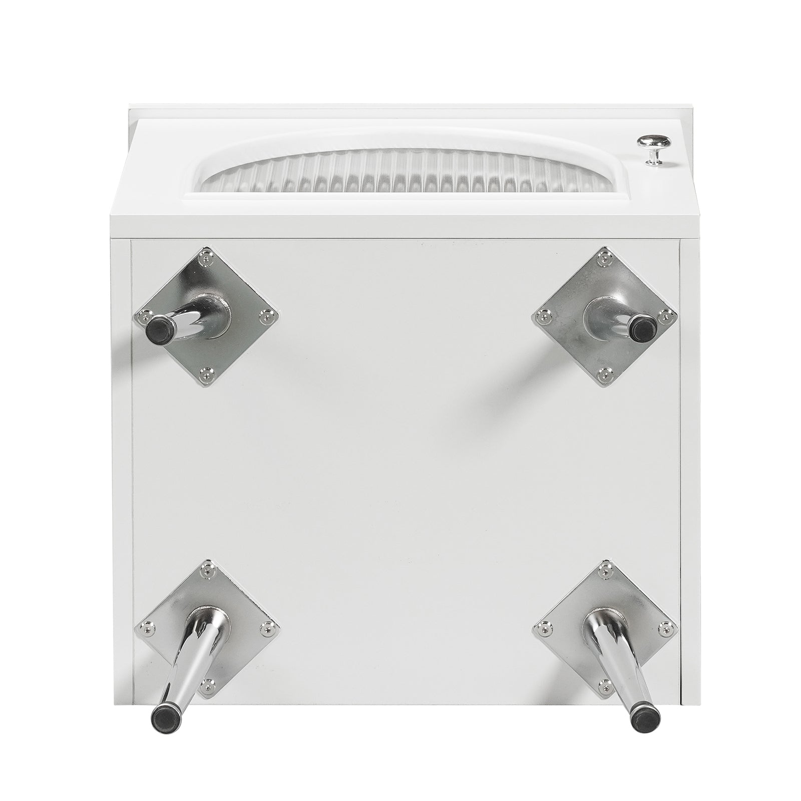 Matteau 46cm Bedside Table with Glass Door in White, shown upside-down; view highlights molded sink basin inset, chrome knob, and detachable metal legs.