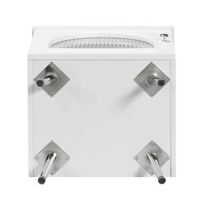 Matteau 46cm Bedside Table with Glass Door in White, shown upside-down; view highlights molded sink basin inset, chrome knob, and detachable metal legs.