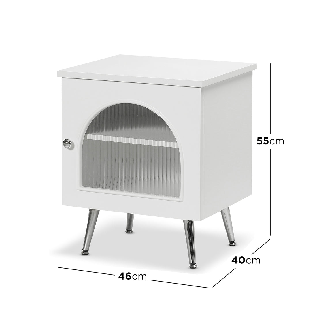 Matteau 46cm Bedside Table with Glass Door in White, featuring a ribbed glass panel door, chrome-plated legs, and a fixed interior shelf for stylish bedroom storage.