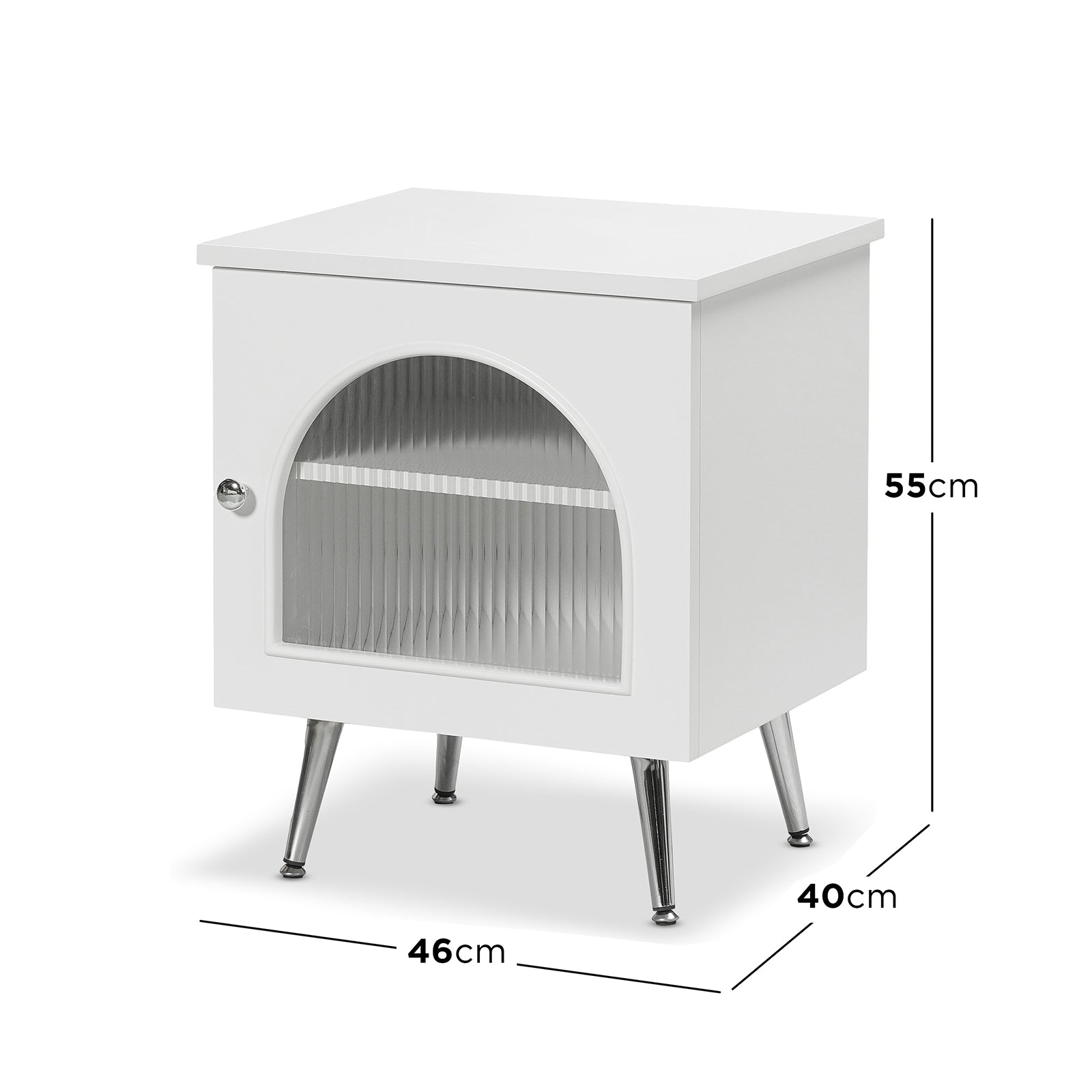 Matteau 46cm Bedside Table with Glass Door in White, featuring a ribbed glass panel door, chrome-plated legs, and a fixed interior shelf for stylish bedroom storage.