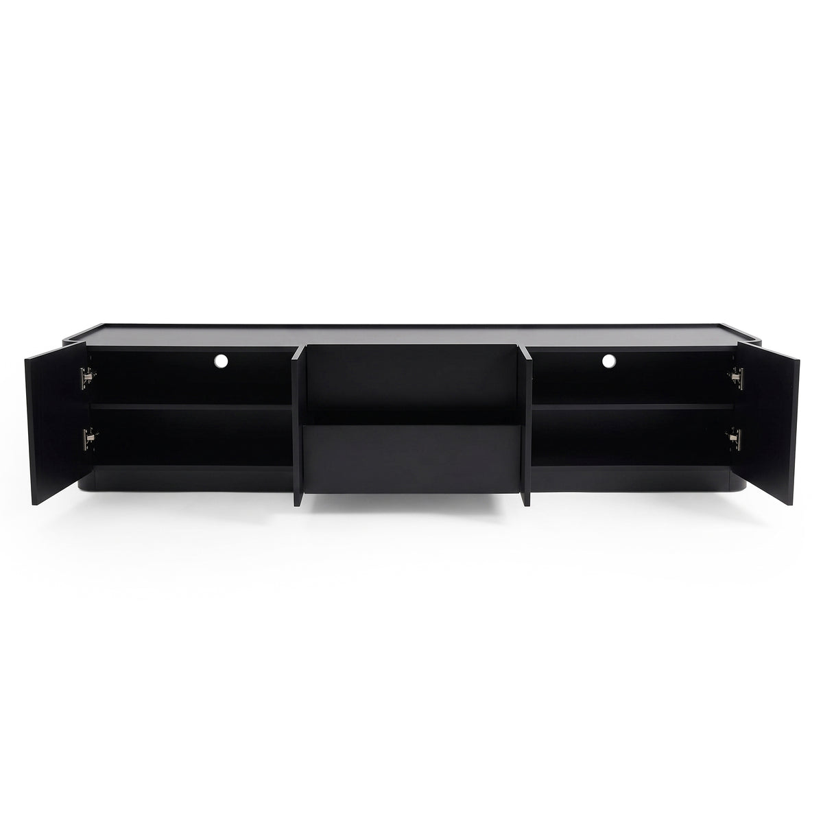 Black entertainment unit with open cabinet doors on a white background