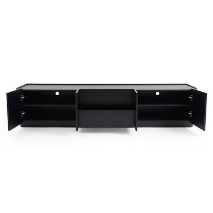 Black entertainment unit with open cabinet doors on a white background
