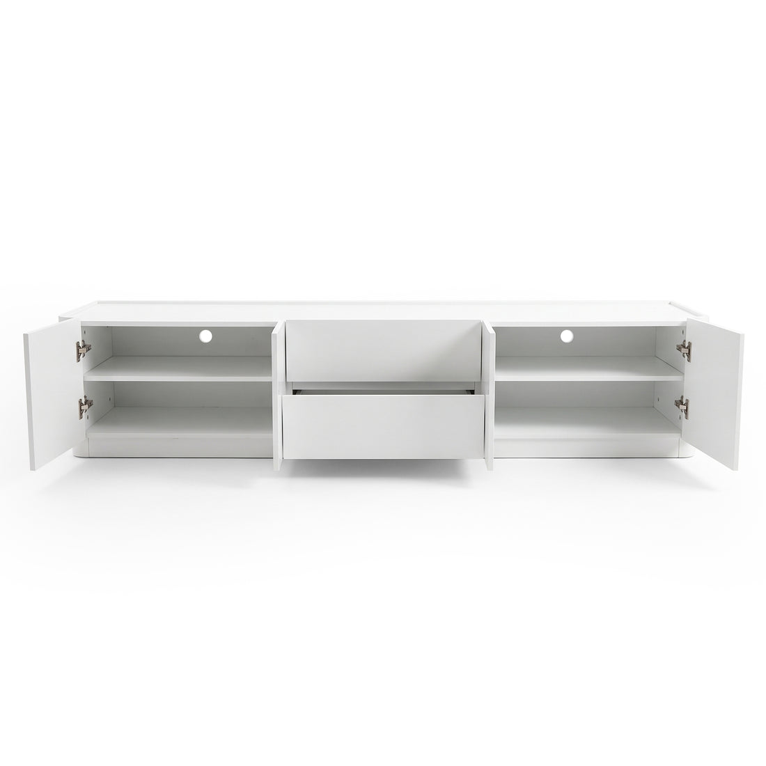 White storage cabinet or TV unit with open doors and drawer on a white background