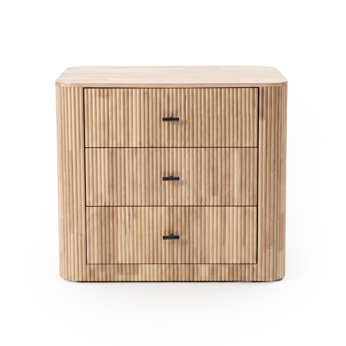 Three-drawer wooden chest with vertical fluted texture on a white background