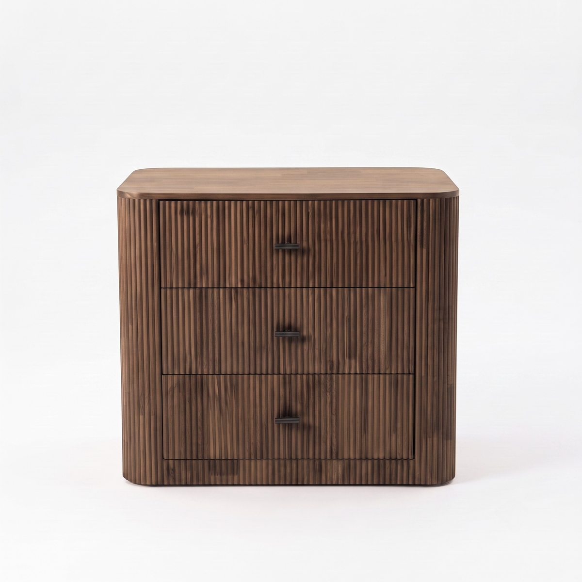 Modern three-drawer wooden chest on a white background