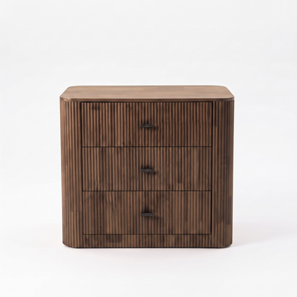 Modern three-drawer wooden chest on a white background